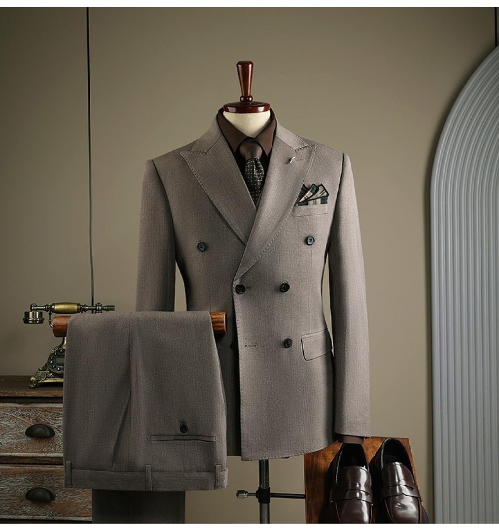 Uomo Doppio Petto 2 Pezzi Completo Slim Fit Elegante Blazer & Pantaloni da Abito per Business Giacca Matrimonio Cerimonia Smoking