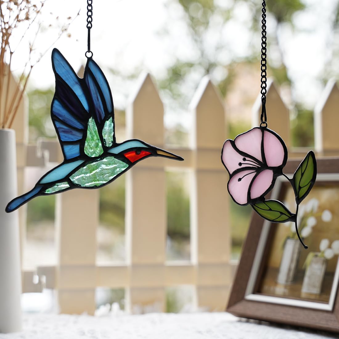 BOXCASA Acchiappasole In Vetro Colorato: Colibrì E Fiore Rosa Da Finestra - Decorazione Artistica Fatta A Mano Per Casa E Giardino - 3
