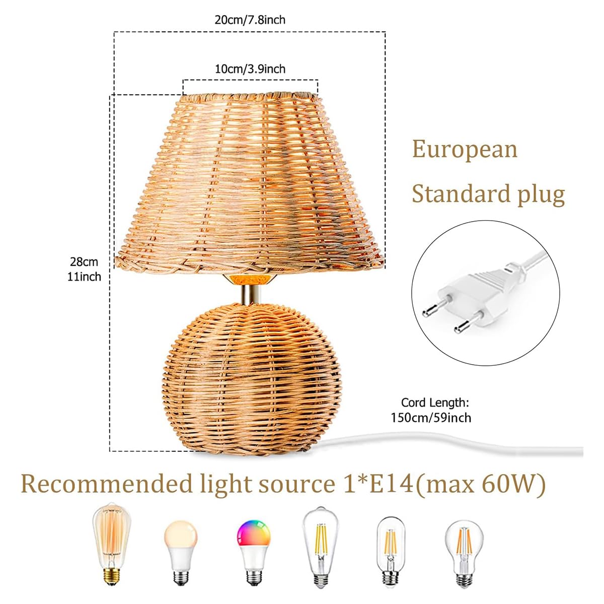Lampada da tavolo in bambù con spina e interruttore lampada da comodino vintage E14 lampada da tavolo in bambù con cavo da 1,5 m fatta a mano illuminazione da tavolo per camera da letto, soggiorno