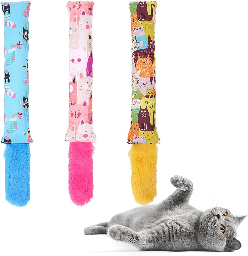 BINGPET Catnip Toys for Indoor Cats - 3 Pcs Interactive Cat Kicker Toys with Natural Catnip Inside, Cat Teaser Plush Tail with Crinkle Paper Inside