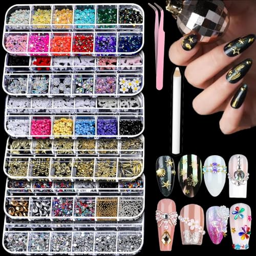 Conjunto de Arte de Uñas de 6 Cajas Súper Valor, Más de 10000+ Pedrería, Purpurina, Flores 3D, Perlas y Dijes de Metal, Suministros Profesionales para Técnicos de Uñas para Manicura DIY