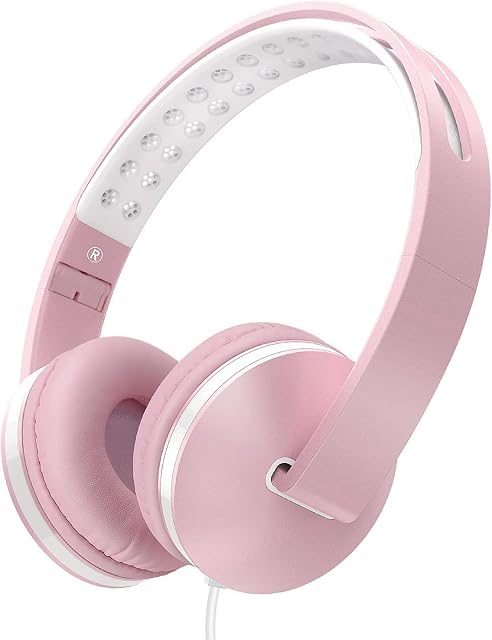 Kids Headphones, Lightweight Childrens Headphones for School, Foldable Wired Headphones with Microphone, Volume Control, Stereo Bass for mobile phone, tablet, PC, laptop- White and pink