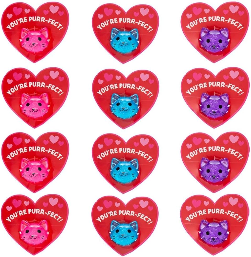 Fun Express Cat-Shaped Bouncy Ball Valentine Exchanges with Card for 12