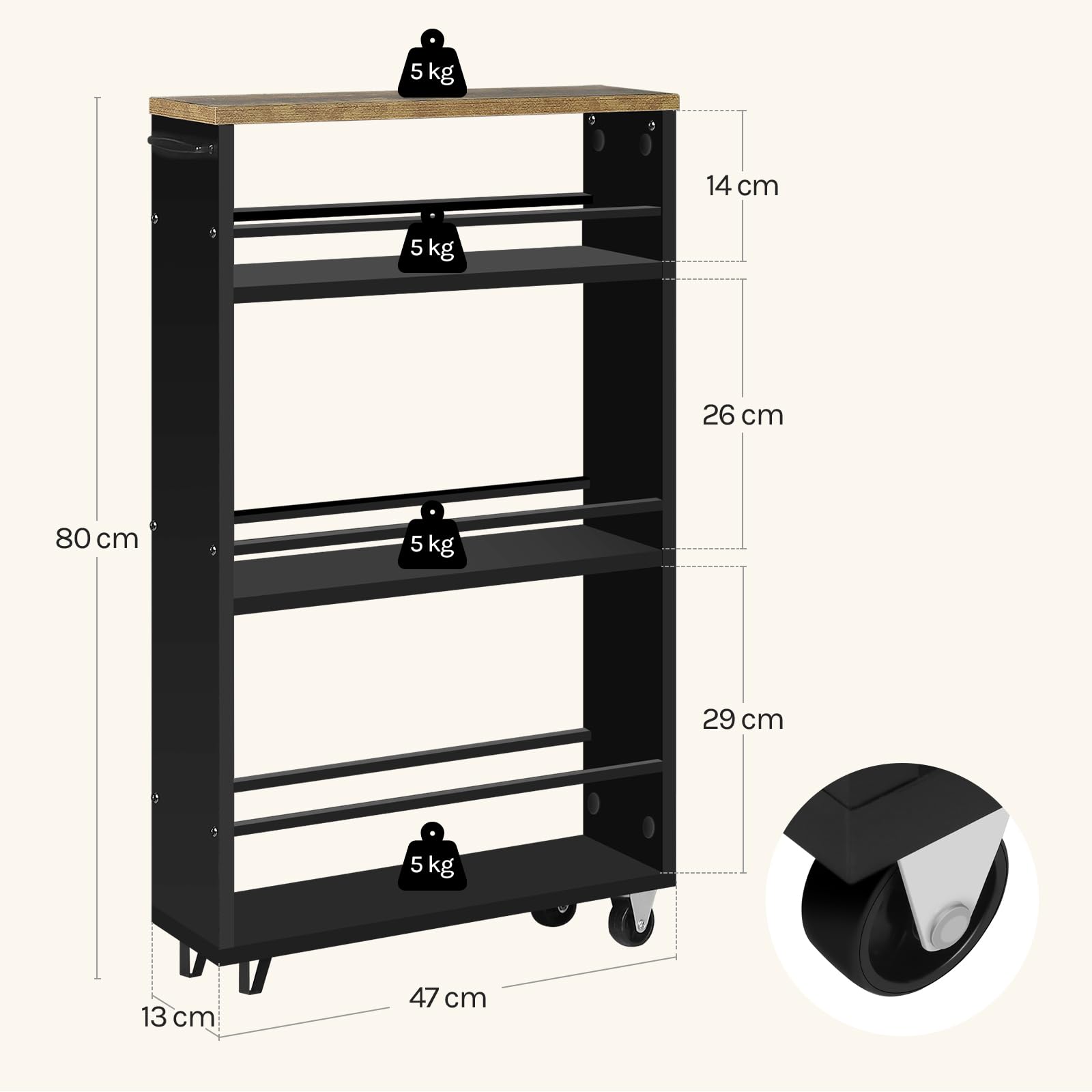WOLTU Carrello da Cucina a 3 Ripiani, Scaffale Stretto con Ruote Bloccabili e Maniglia, Carrellino Salvaspazio Multiuso in Legno e Metallo, Nero e Marrone Vintage