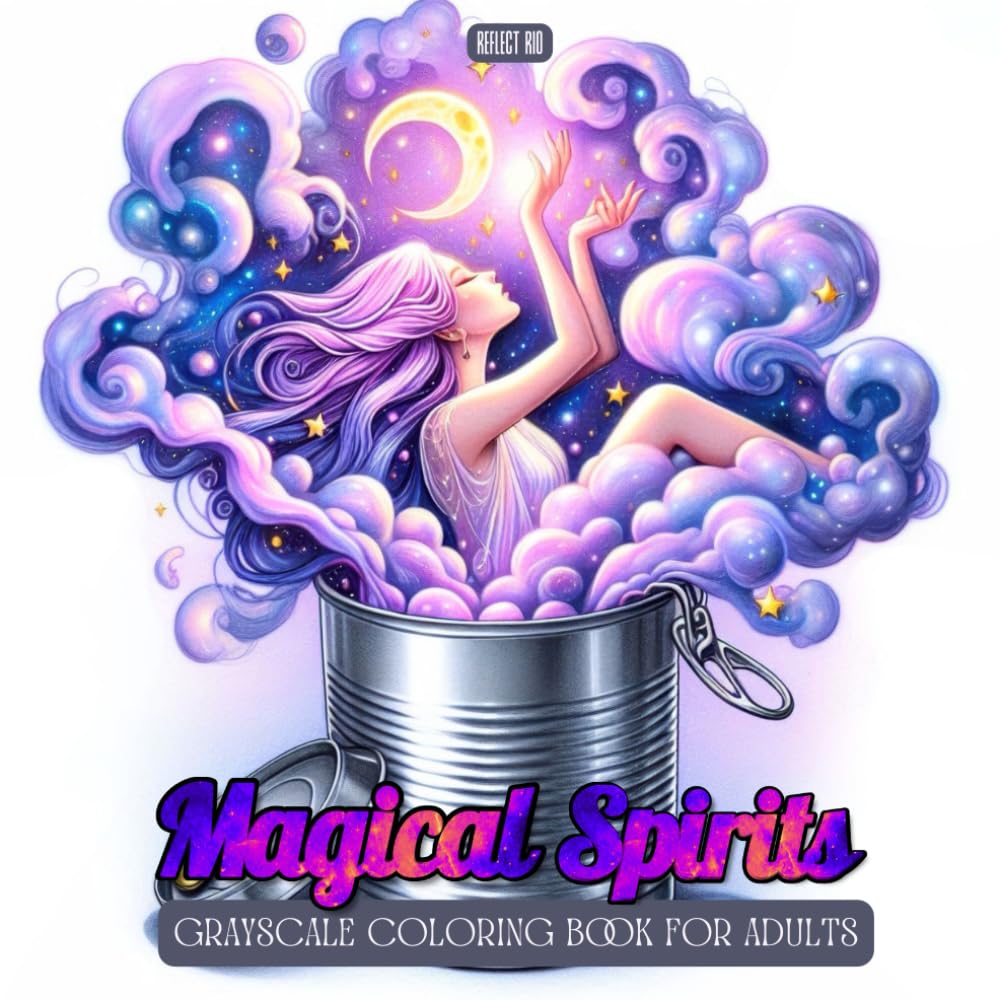 Magical Spirits Coloring Book: Relaxing Grayscale Coloring with Enchanted Spirits, Cute Fantasy Girls, and Elemental Creatures Born from Magical Containers (Fantasy Grayscale Coloring Book for Adults)