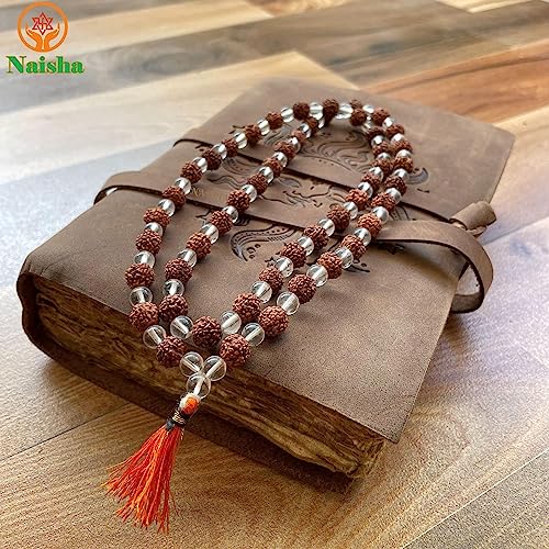 NAISHA Rudraksha & Crystal Sphatik Mala 108 +1 Beads Necklace, Natural 5 Faced Himalaya Rudraksh Prayer Bead, Wrist Wrap Jaap Mala, Size 7 mm (1 Pack) - Image 4