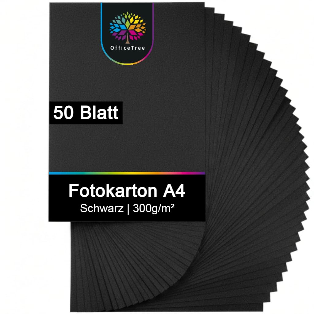 OfficeTree 50 Blatt Fotokarton A4 Schwarz 300g - Fotokarton Schwarz A4 zum Basteln, Schneiden & Scrapbooking – Lignin- & Säurefrei - Tonkarton
