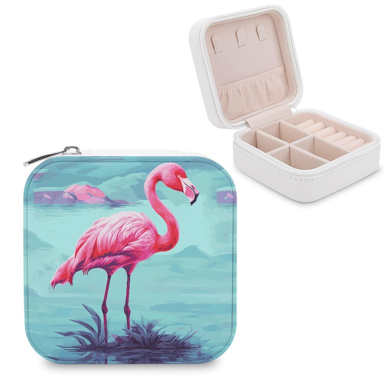 MUSM Pink Flamingos Travel Jewelry Case Personalized PU Leather Jewelry Boxes for Women Small Portable Jewelry Organizer Box Cute Trinket Box for Necklaces Rings Earrings & Gifts