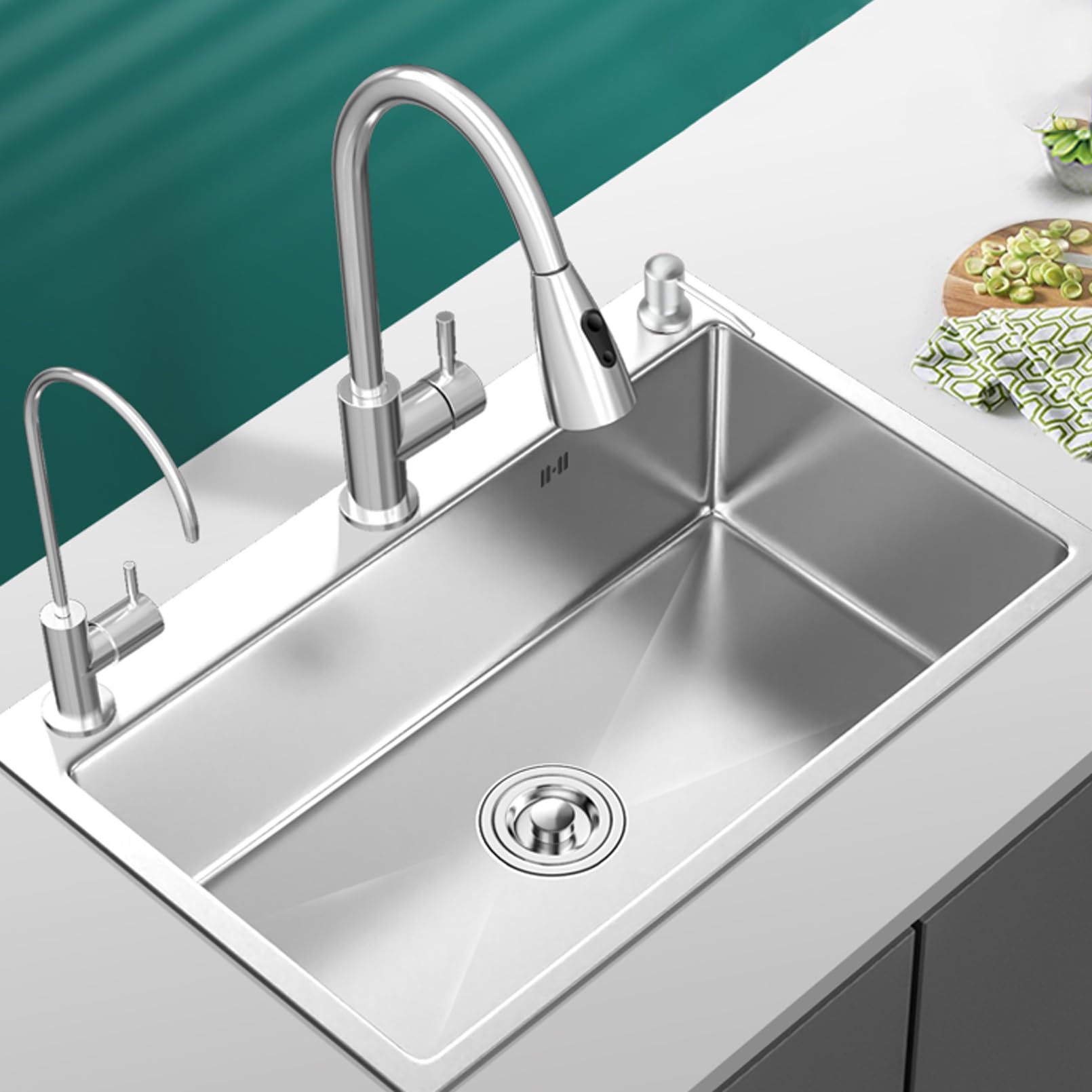 ZQFHSX Kitchen Sink Stainless Steel 1 Basin, Rectangular Sink, with Pull-Out Tap, Commercial Built-in Suitable for Kitchens, Restaurants, Hotel (60x45cm)
