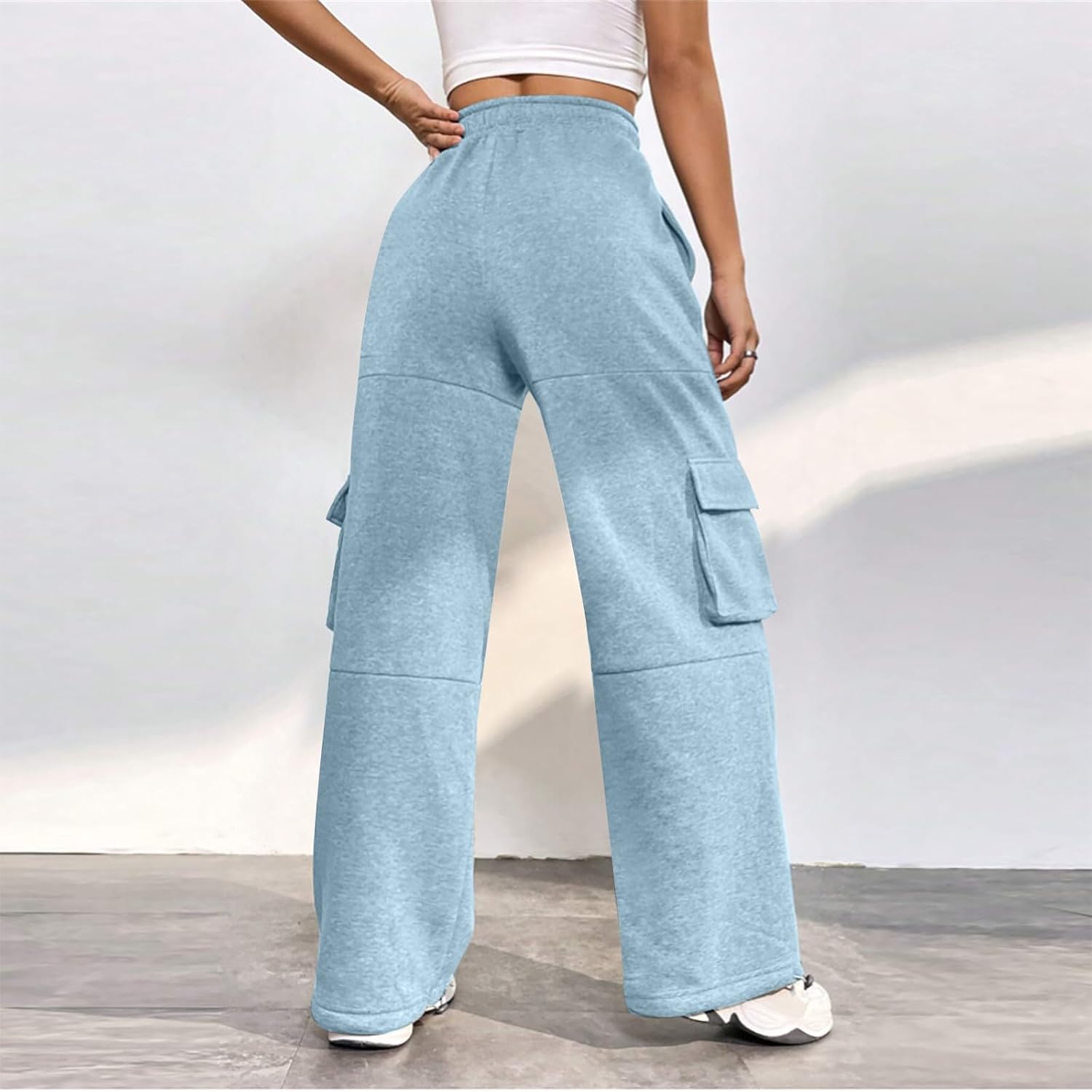 Cargo Joggers for Women Straight Leg Fleece Sweatpants Lightweight High Waisted Drawstring Track Pants with Pockets