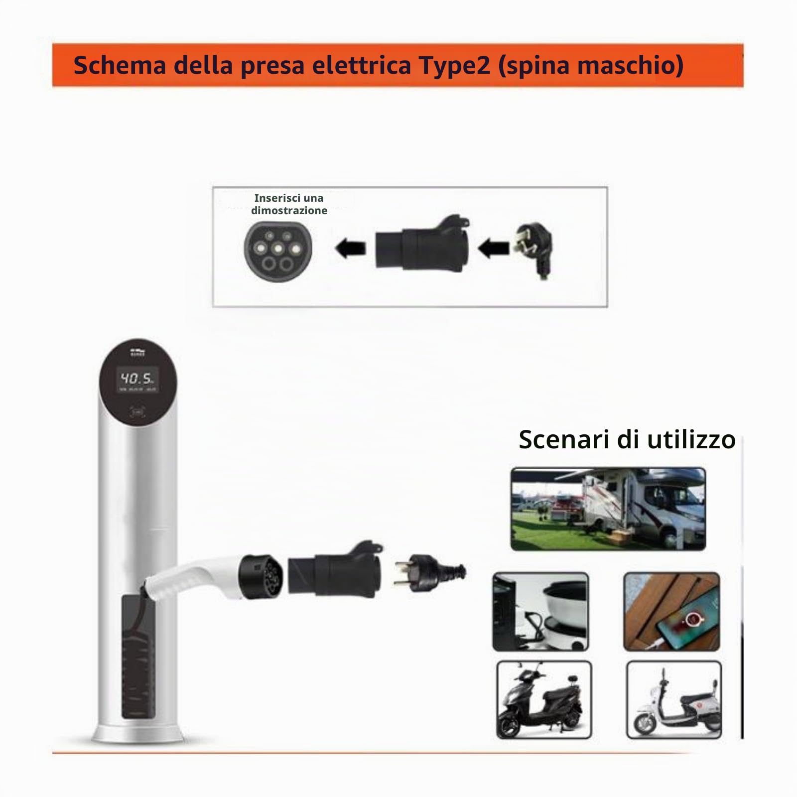 Adattatore da Tipo 2 A Schuko 16 A 3500 W | Compatibile Con Caricatori EV Tipo 2 Per Biciclette, Monopattini E Sedie A Rotelle Elettriche