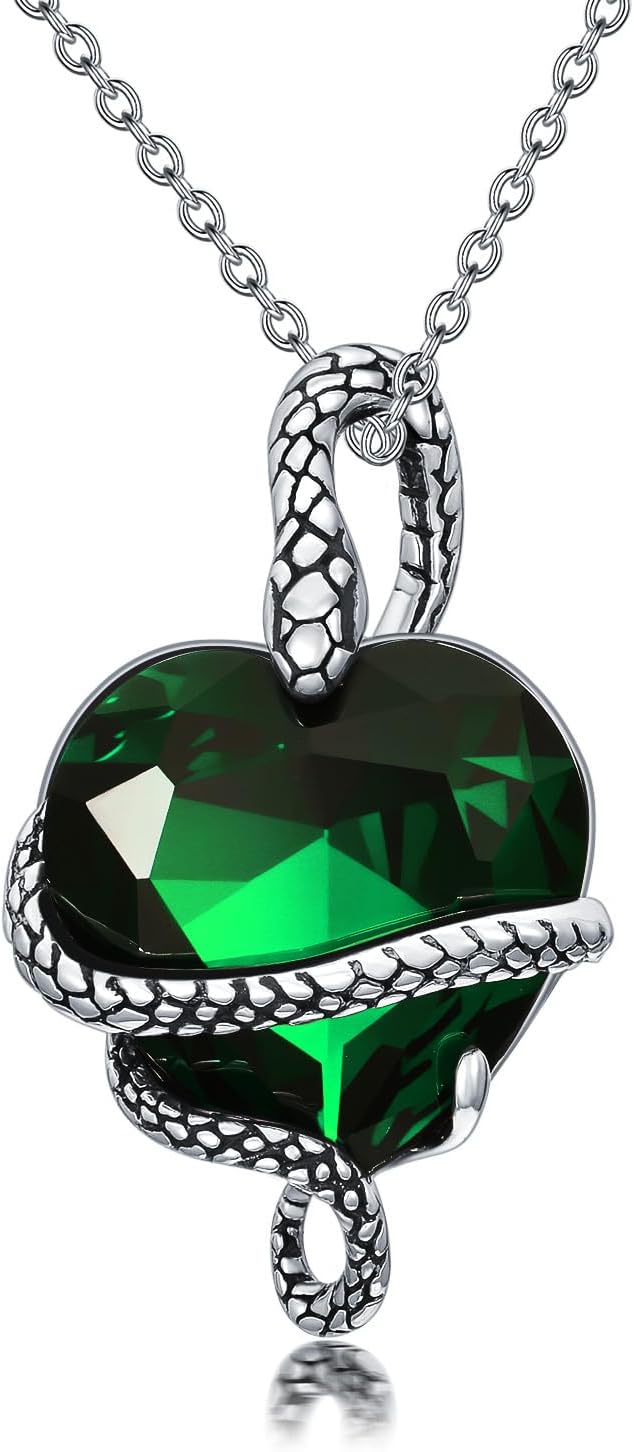 Snake Necklace 925 Sterling Silver Vintage Snake with Heart Cut Birthstone Pendant Necklace for Women