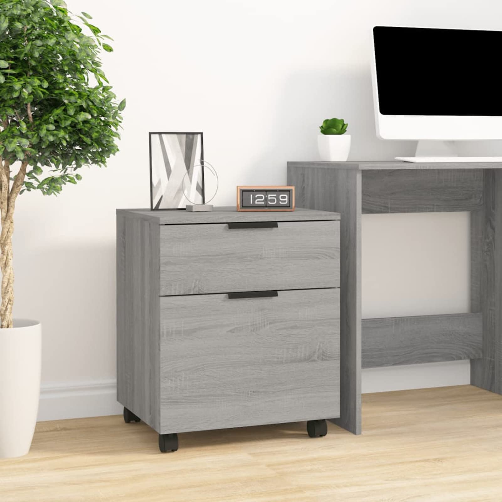 ARKEM Cassettiera, Mobiletto da Ufficio con Serratura,Regolabile per Cartelle Sospese, Superficie Testurizzata, per Ufficio, Studio,Schedario con Ruote Grigio Sonoma 45x38x54 cm Legno Multistrato
