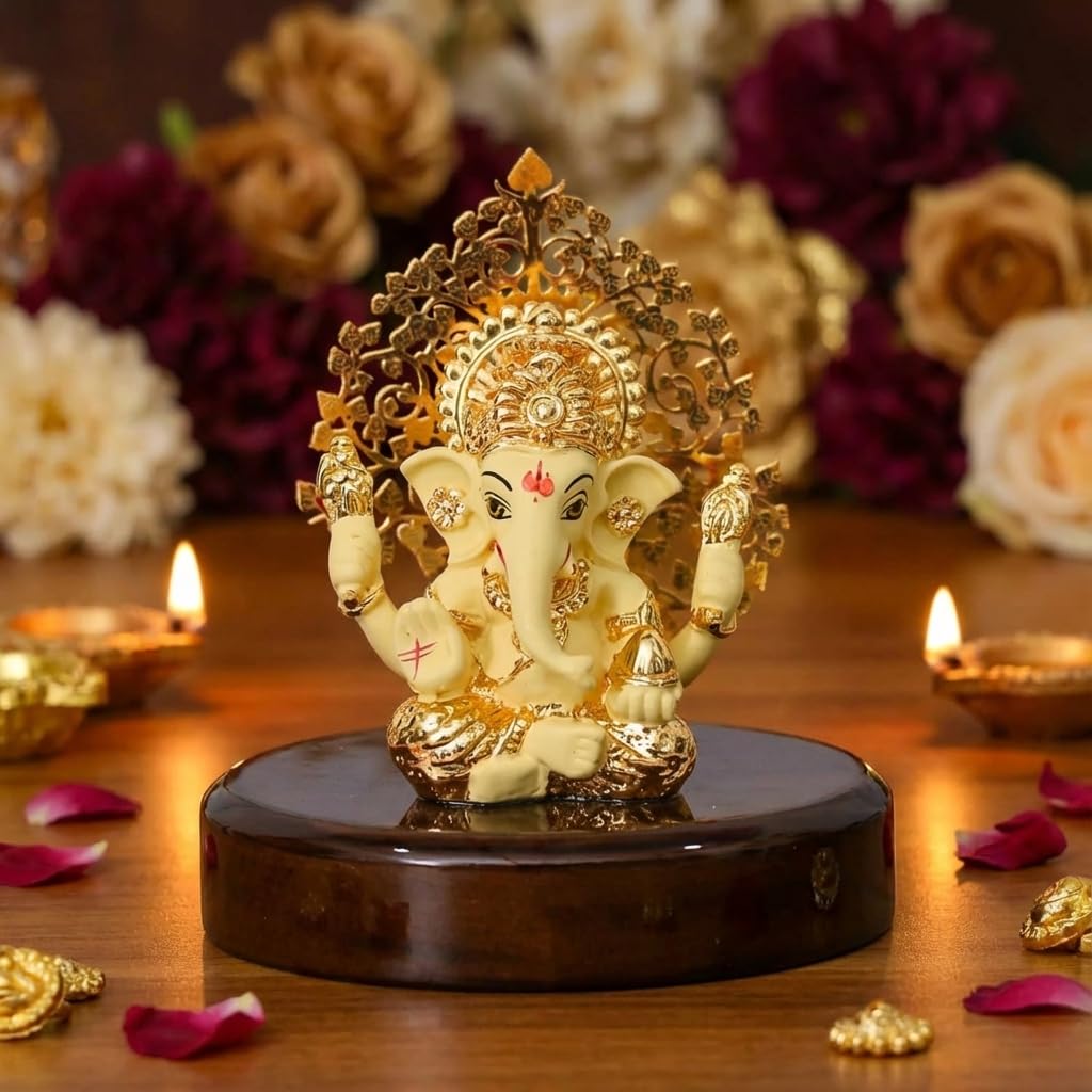 24k Gold Plated Ganesh Idol/Murti with Kalpavriksh Tree | Ganpati Statue for Car Dashboard, Office Table,Hindu Gifting and Home Aesthetic Decor- Resin (Yellow) ‎- 4 x 3.2 x 1 Inches