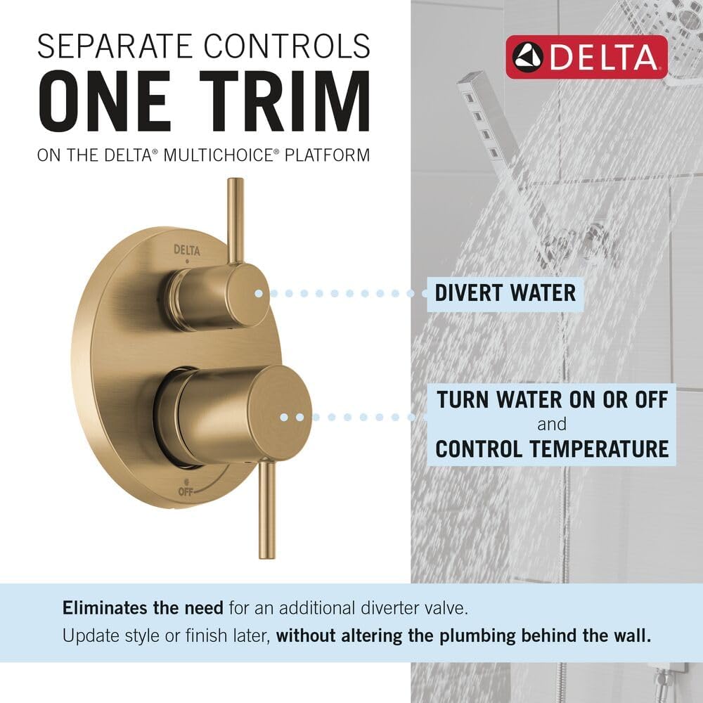 Delta Modern Round Shower System Faucet Set, Brushed Gold 6-inch Shower Head and Handle Set, Valve Trim Kit, Champagne Bronze T342704-CZ (Valve Not Included)