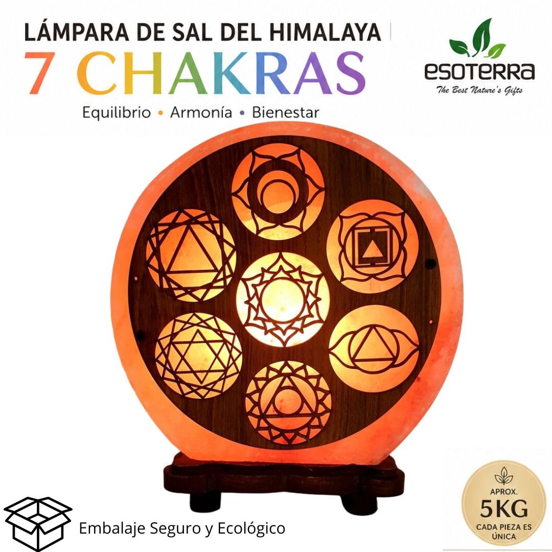 BOEMY Lámpara de Sal del Himalaya 7 Chakras 5 kg Aproximados | Luz Relajante y Decorativa | Base de Madera Natural | Bienestar y Armonía para Hogar, Yoga y Meditación