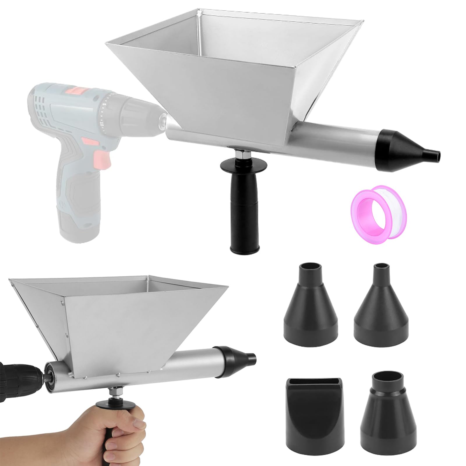 MeYuxg Large Size Auger Mortar Grout Gun, Metal Cement Caulking Gun with 4 Nozzles for Electric Drills