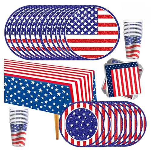 Juego de 65 piezas de fiesta de Estados Unidos para 16 invitados, Estados Unidos, 4 de julio, juego de vajilla para fiesta americana, platos de la bandera americana (3)