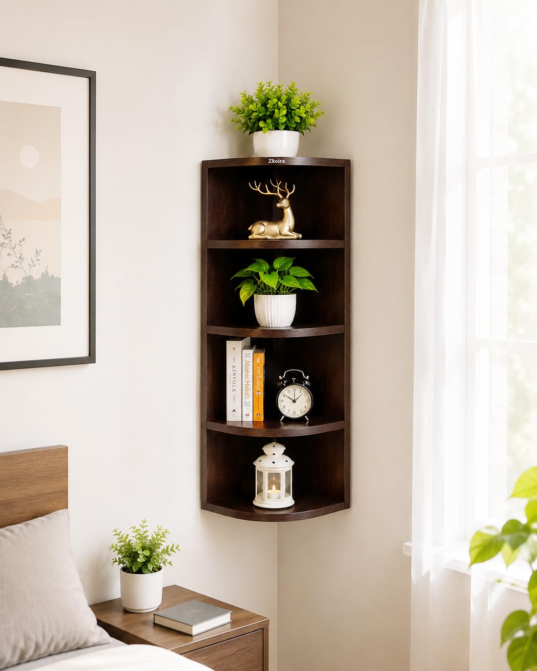 4-Tier Corner Wall Shelf, 68x21.7x21.7 cm, Wenge | Space-Saving Design, Wood Finish, Open Display Unit, Living Room & Bedroom, Wall-Mounted-image-29