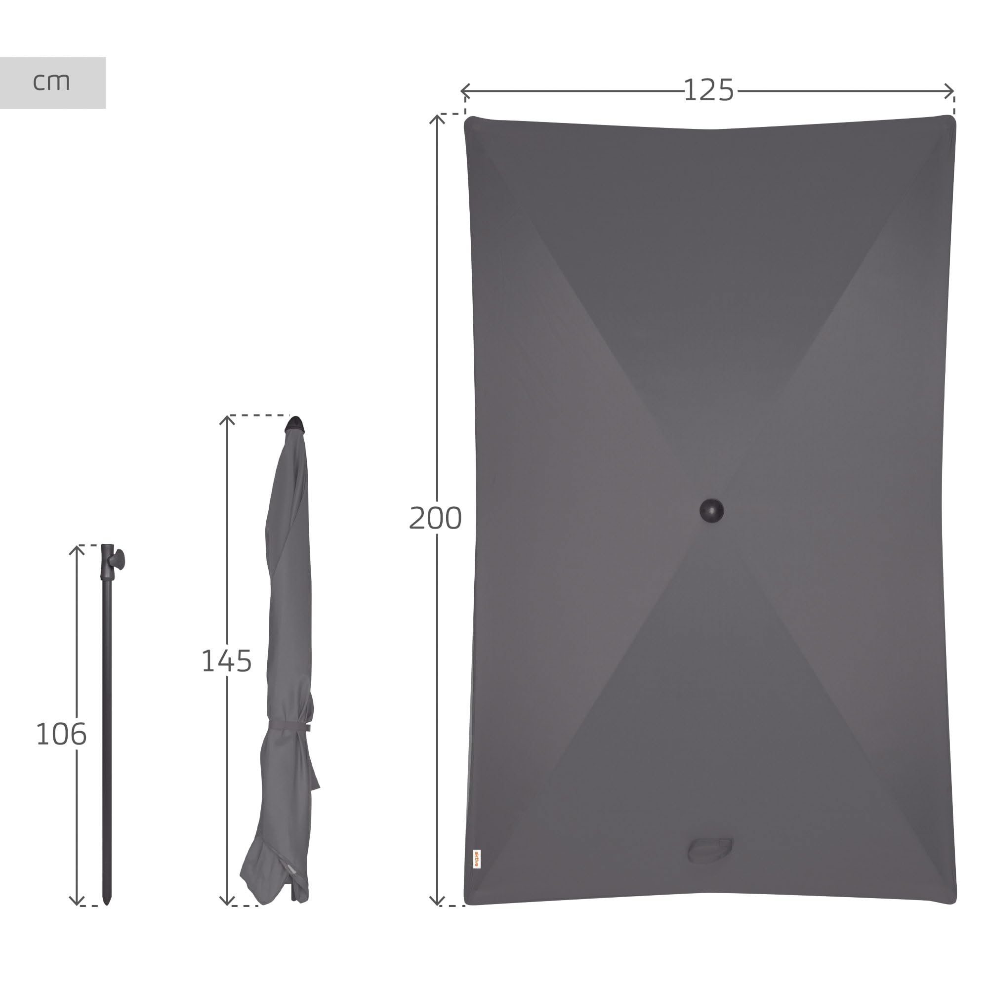 AKTIVE Sombrilla rectangular balcón, 200x125 cm, Color antracita, Protección UV30, Mástil acero, Tubo Ø28/32 mm, Inclinable y regulable en altura, Tejido poliéster, Sombrillas grandes (62350)