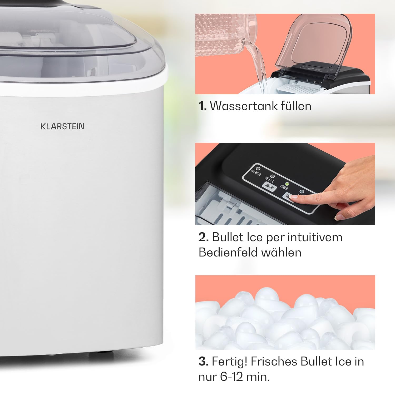Klarstein Eiswürfelmaschine für Zuhause Camping Gastro, Schnelle Mini-Eiswürfelmaschine Klein, Profi Eismaschine für Große & Kleine Eiswürfel, Selbstreinigend, 1,3L Wassertank, 12kg Eis in 24h - 4