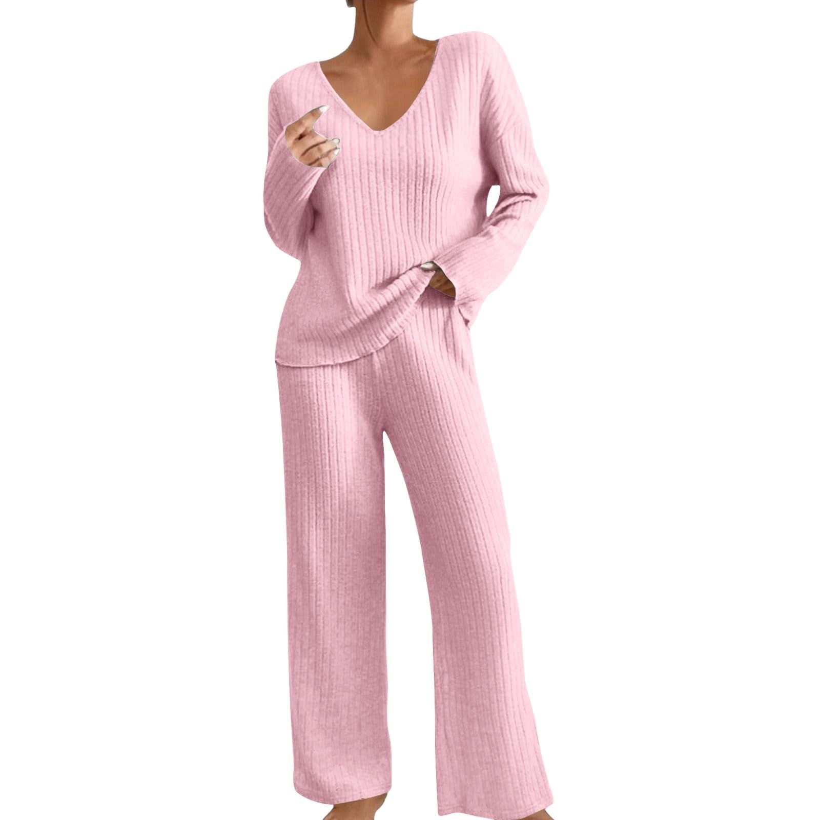 Loungewear - Conjunto de dos piezas para mujer, elegante pijama acanalado, ropa de casa, juego de pijama suelto, manga larga, cuello en V, parte superior de pierna ancha, pantalones, ropa de dormir