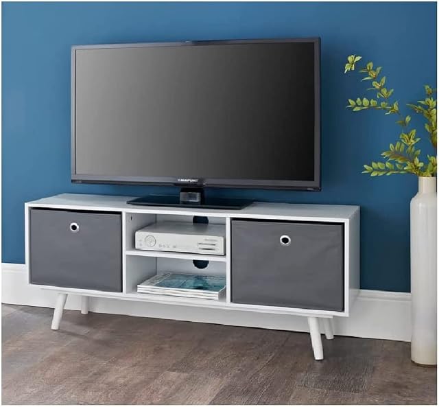 spot on dealz® Cube Storage Unit White TV Unit with Drawers Boxes 3 Shelves 2 Non woven Baskets Room Organizer Cabinet Shelving and Storage Stand Cubes