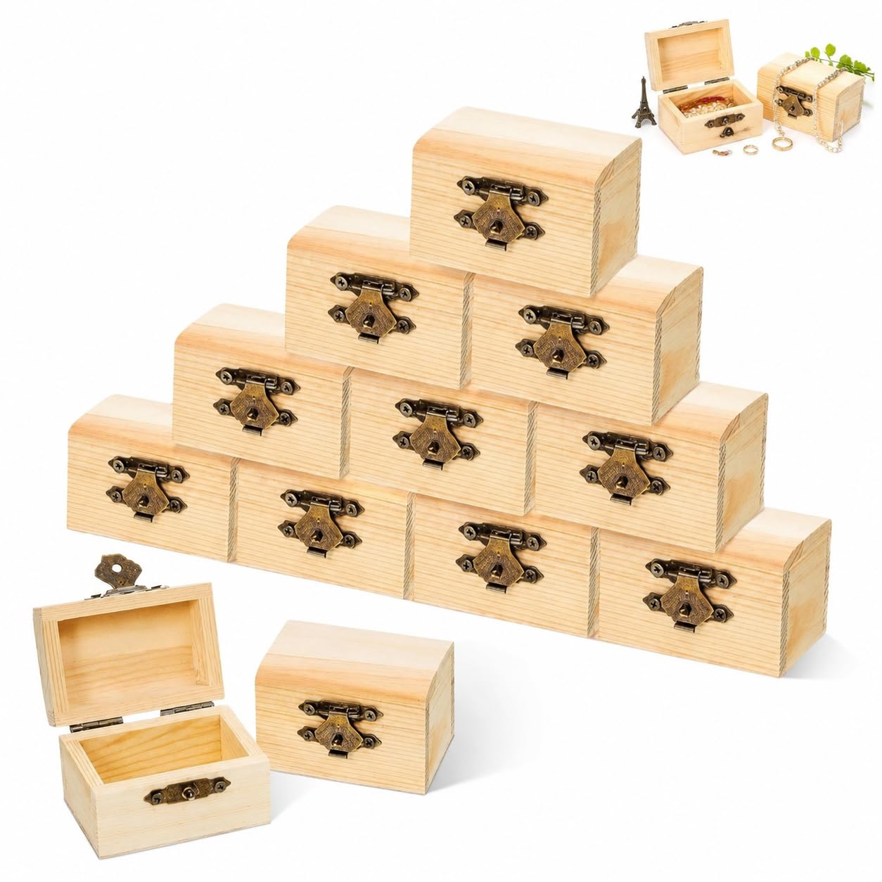 Set di 10 Scatole in Legno Non Finite con Coperchio e Chiusura a Scatto – Mini Cassettiera in Legno per Artigianato, Perfetta per Progetti di Bricolage e Decorazioni Domestiche (2.3 x 1.5 x