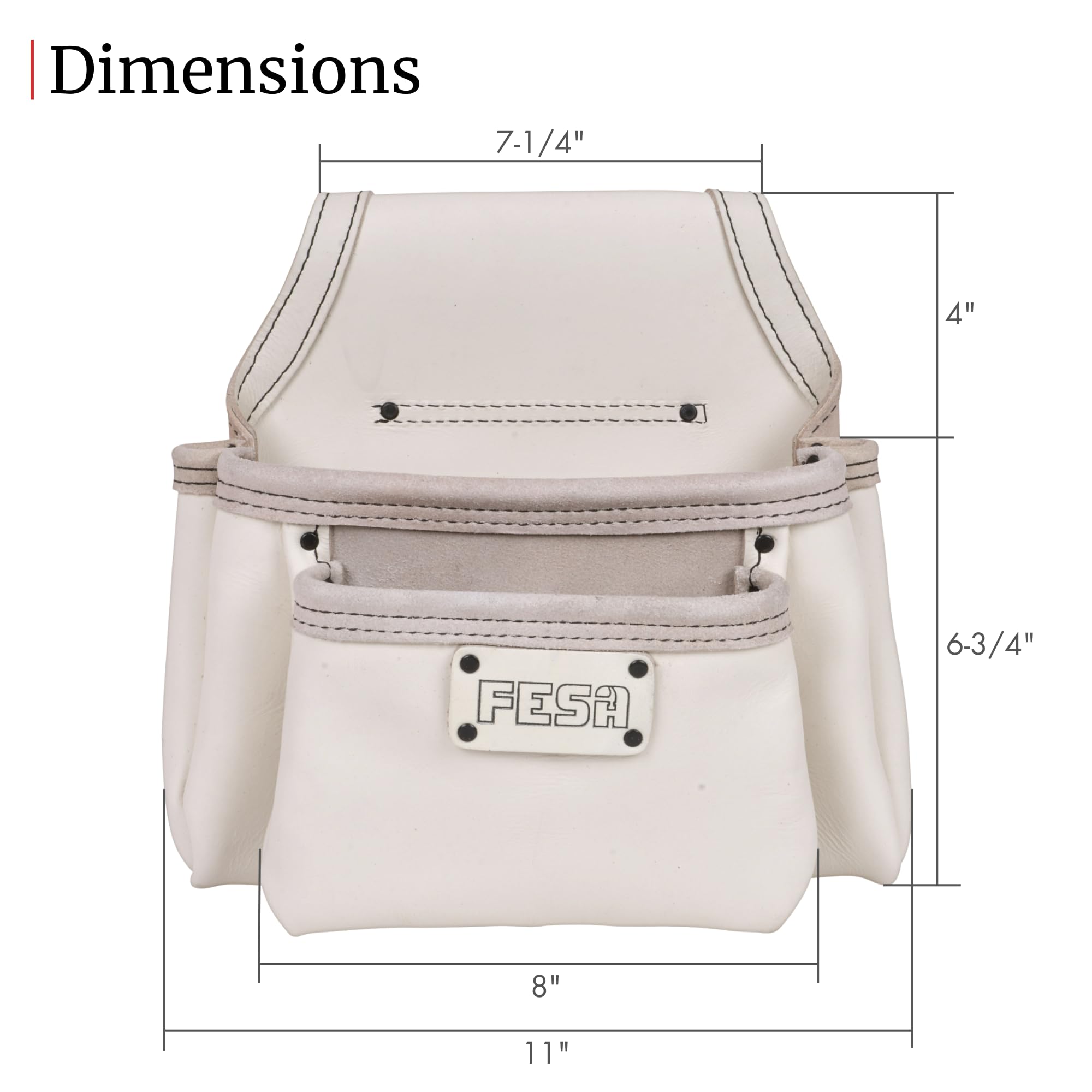 FESA Accesorio de piel para uñas, bolsa de herramientas de cuero de grano superior pesado con 2 bolsillos grandes para clavos y tornillos, bolsa de cierre para cinturones de hasta 3 pulgadas, hecha a