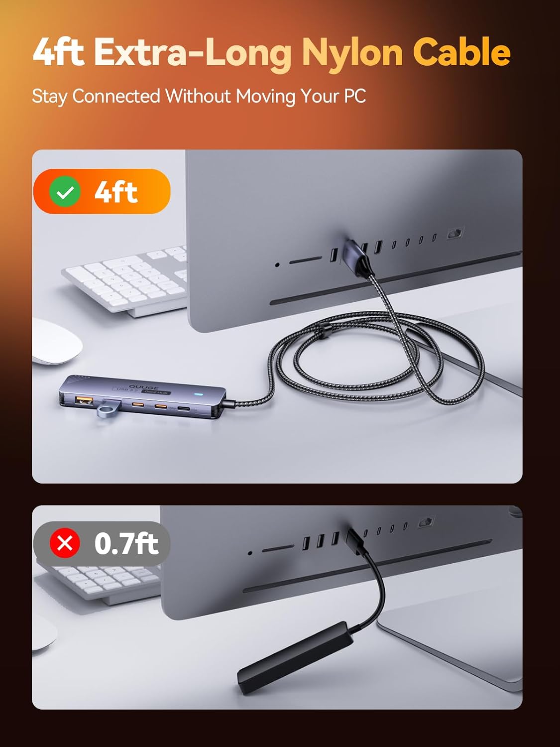 USB 3.2 Hub, QUUGE 5-in-1 USB Splitter with 2 USB-A & 2 USB-C 10Gbps, USB Multiport Adapter with A to C Adapter, 120cm Nylon Cable, 5V 2A Type-C Power Port for MacBook iMac Laptop PC Flash Drives HDD