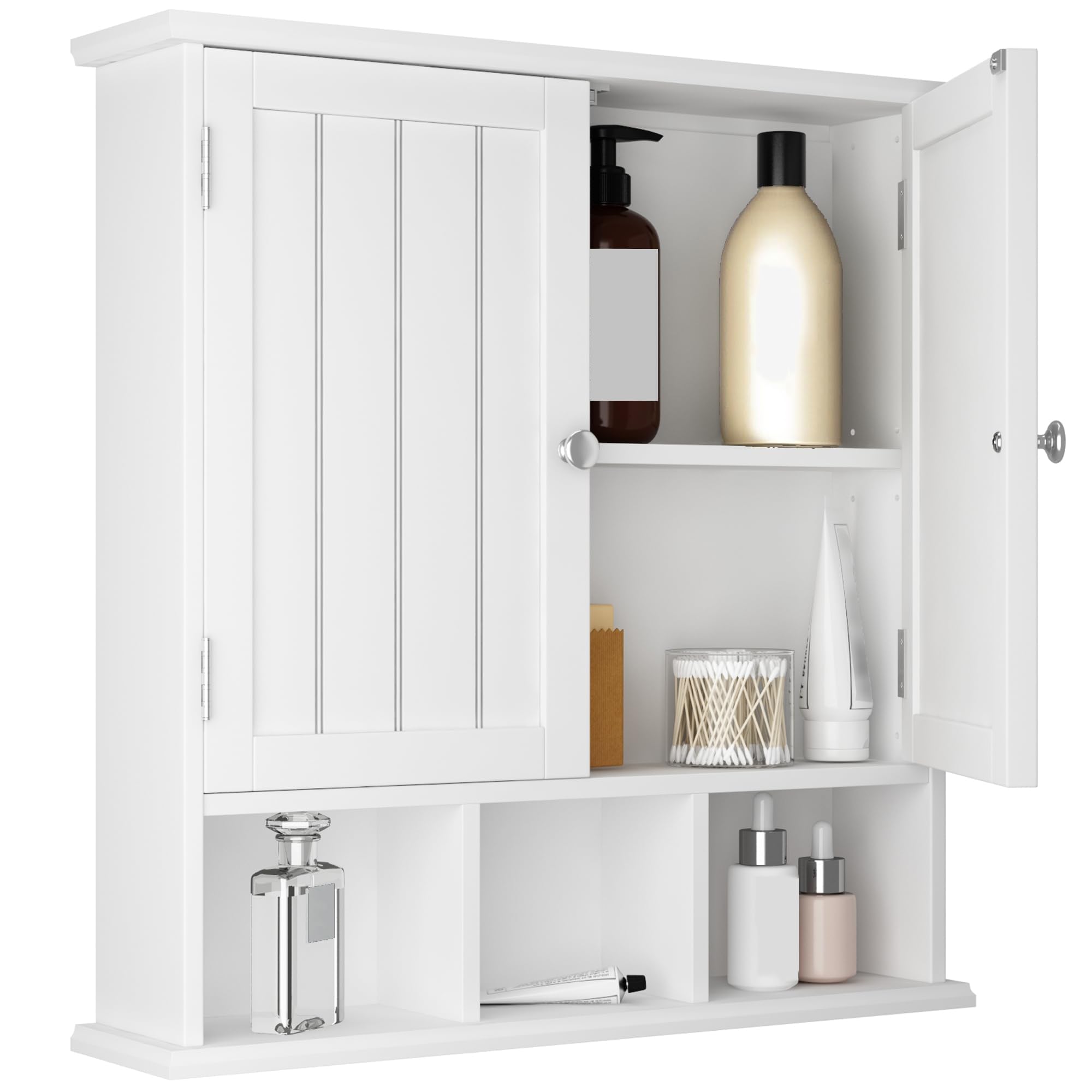 ChooChoo Bathroom Cabinet Wall Mounted 2-Door with 3 Open Shelves, Wooden Medicine Cabinets with Adjustable Shelf, Space Saver Storage Cabinets Over The Toilet for Bathroom&Living Room, White
