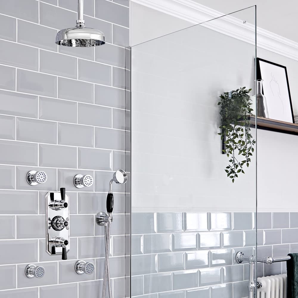 Milano Elizabeth Thermostatic Mixer Valve 205mm Shower Head Handset Body Jets - Chrome Black