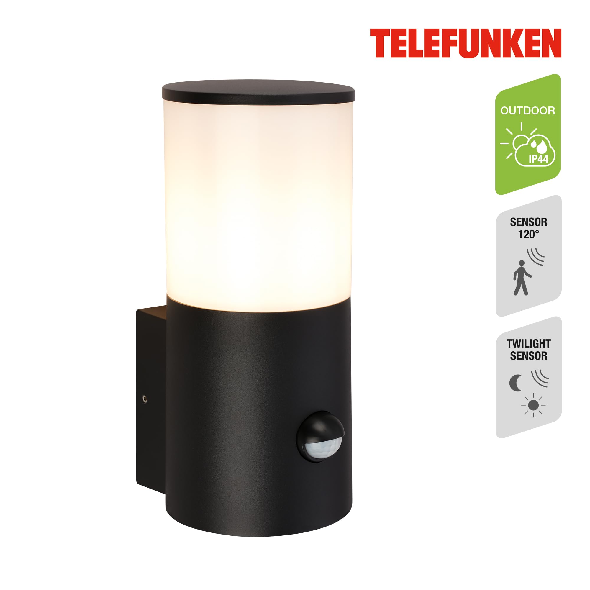 TELEFUNKEN - Wandleuchte Aussen mit Bewegungsmelder, Spritzwasserschutz, Dämmerungssensor, Aussenlampe, Wandlampe, Strahler, Außenbeleuchtung, Außenleuchte, 24x13,5x10,5 cm, Schwarz