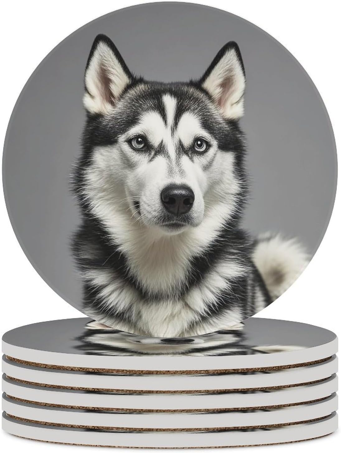 6PCS Husky Dog Coasters Non-Slip Round Drink Coasters with Ceramic Stone and Cork Base, Heat Resistant Absorbent 33.00Stone Coaster Set for Kinds of Mugs and Cups, 4 Inch
