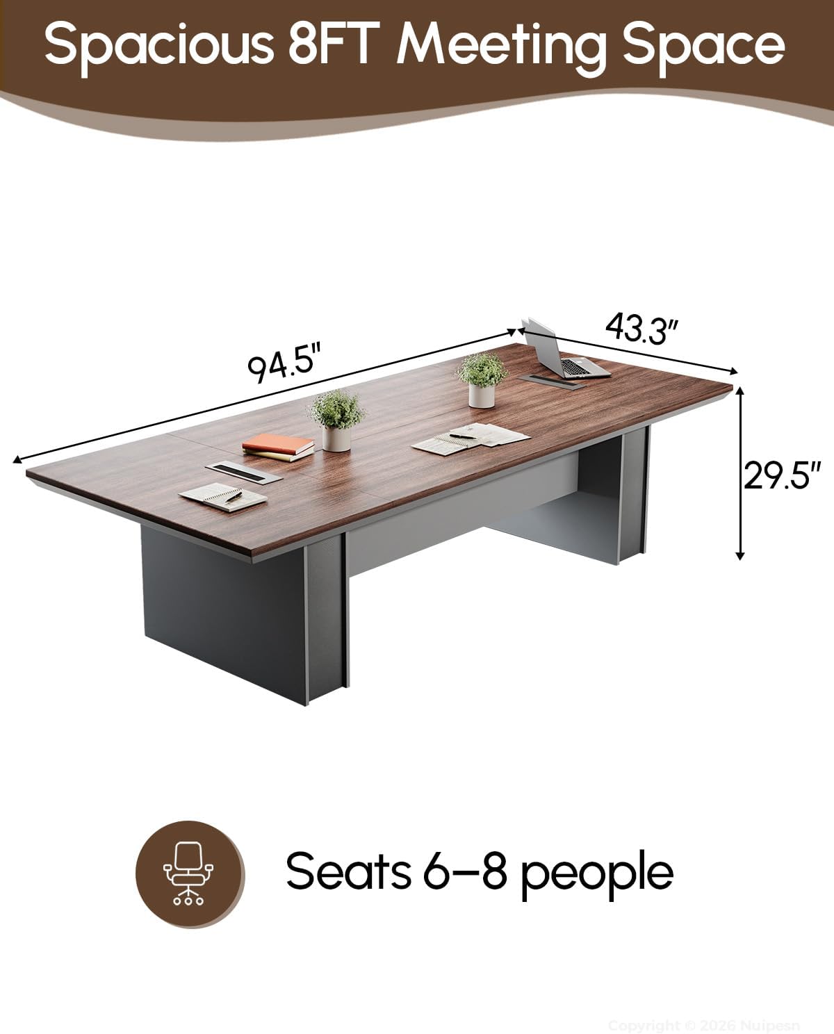 95" Conference Table, Rectangular 44" Wide Boardroom Meeting Table for 8-10 People, 30" H, 1.65" Thick Top, Center Cable Management Grommet, Modern Office, Walnut & Gray