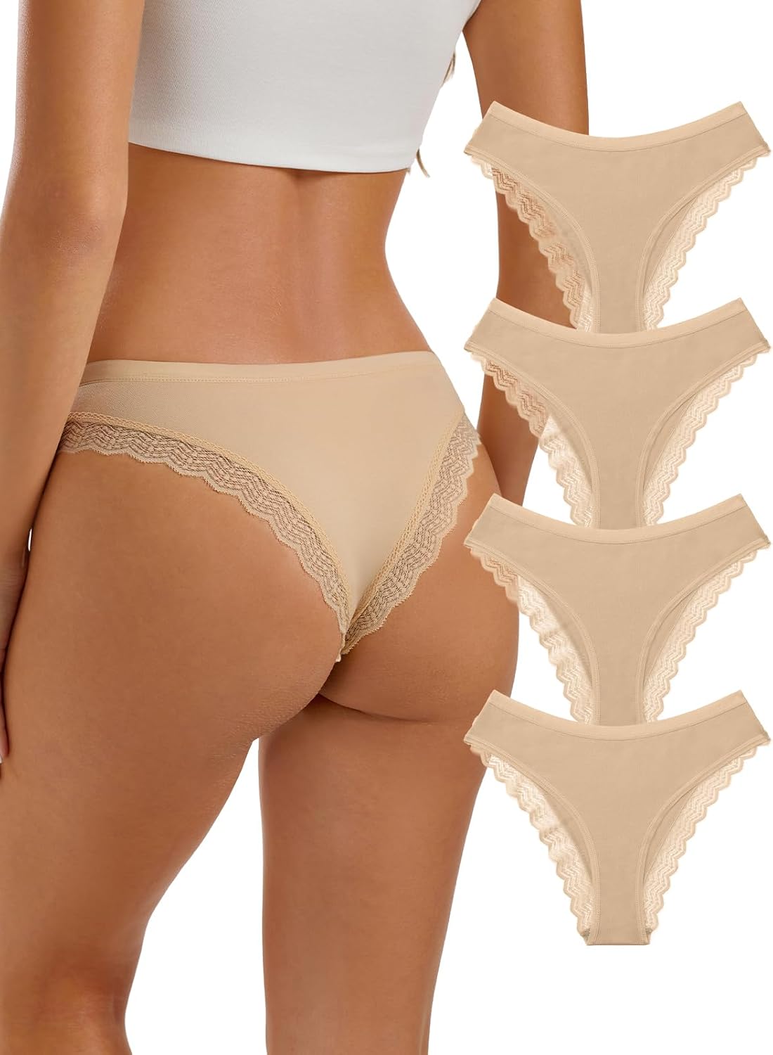REORIA Womens Cotton Underwear Lace Cheeky Hipster Panties Sexy Low Rise Briefs 4 Pack