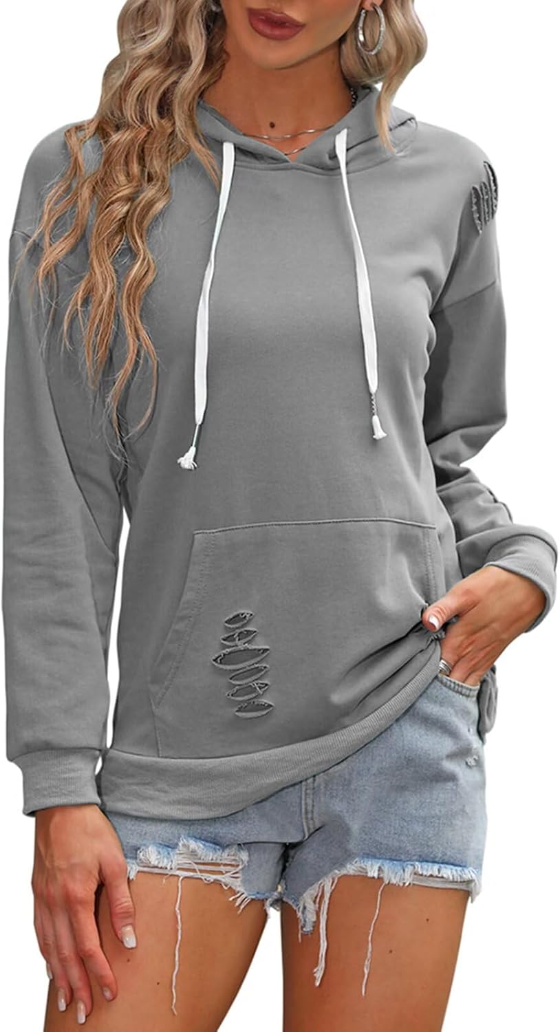 EADINVE Women's Hooded Sweatshirt Hollow Out Distressed Long Sleeve Drawstring Hoodie with Kangaroo Pocket - Image 4