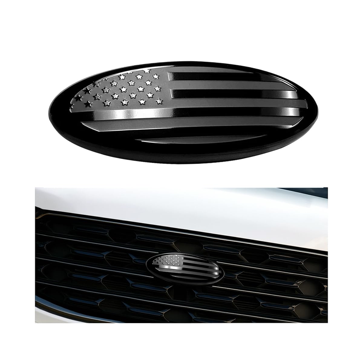 Photo 1 of SWPHRT 7 Inch Car Front Grille American Flag Emblem, Aluminum Oval Overlay Vehicle Rear Tailgate Decal Badge, Automotive Replacement Accessories, Compatible with F150 Explorer Ranger (Black)