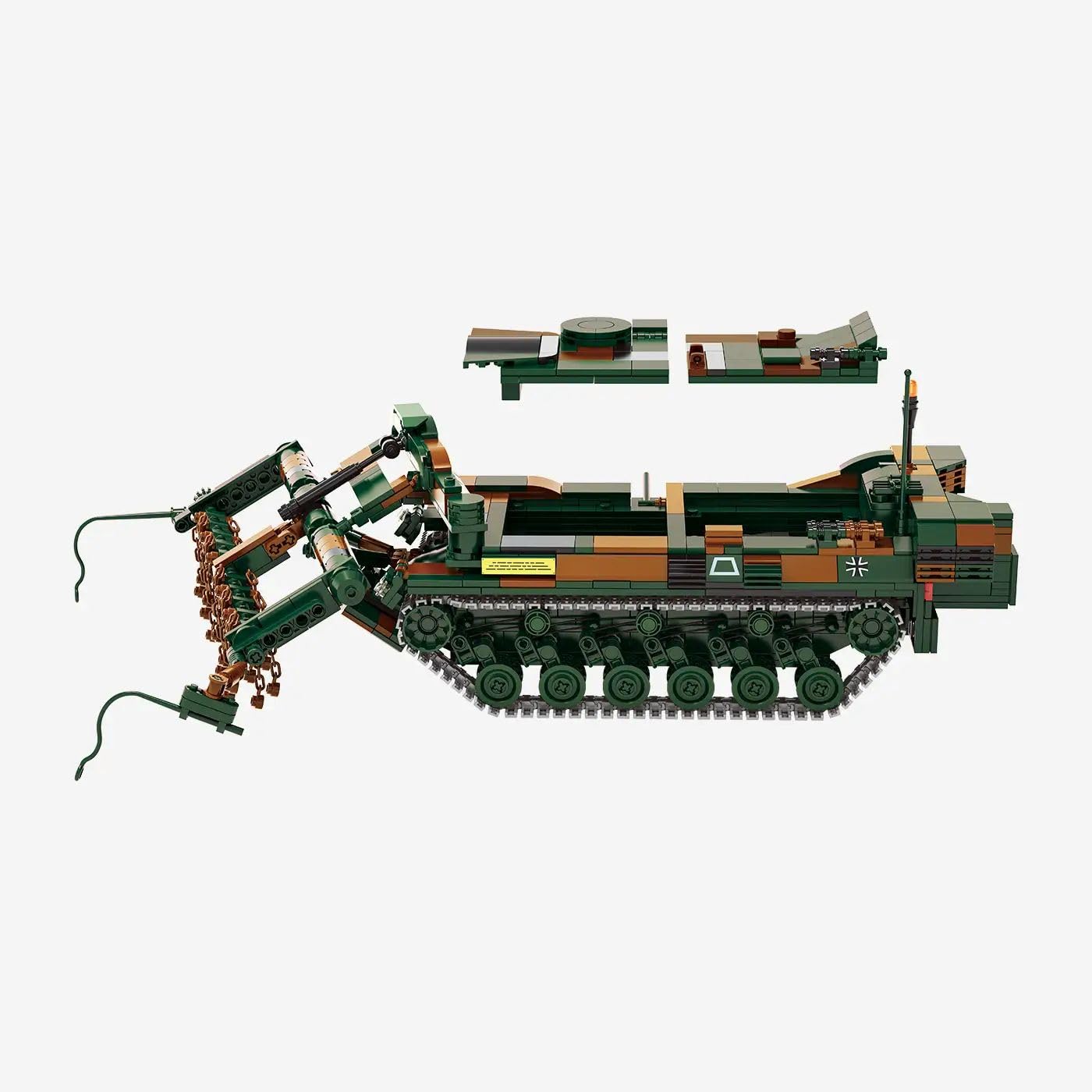 BlueBrixx Pro 109787 – Minenräumpanzer Keiler Bundeswehr - 1311 Bauelemente | 318 x 209 x 154 mm, Tarnmuster in Grün und Braun, Kettenlaufwerk, Räumgerät mit Ketten, Antenne, Sammlermodell