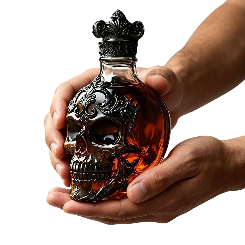 Botella de vino de cristal con cabeza de esqueleto con tapón, regalo para hombres y mujeres, botella de decoración de calavera, regalo para góticos y amantes