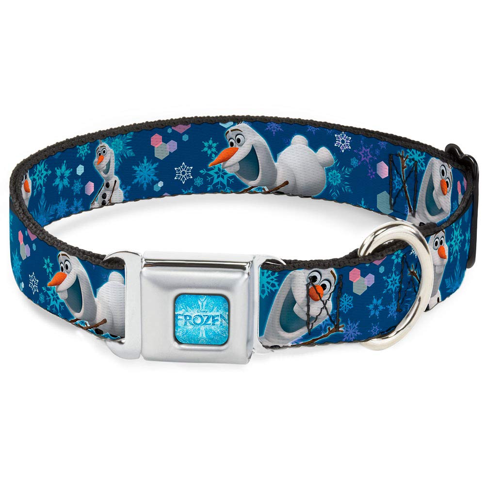 Buckle-Down Seatbelt Buckle Dog Collar - Frozen Olaf Poses/Snowflakes Blues - 1" Wide - Fits 15-26" Neck - Large, Multi Color