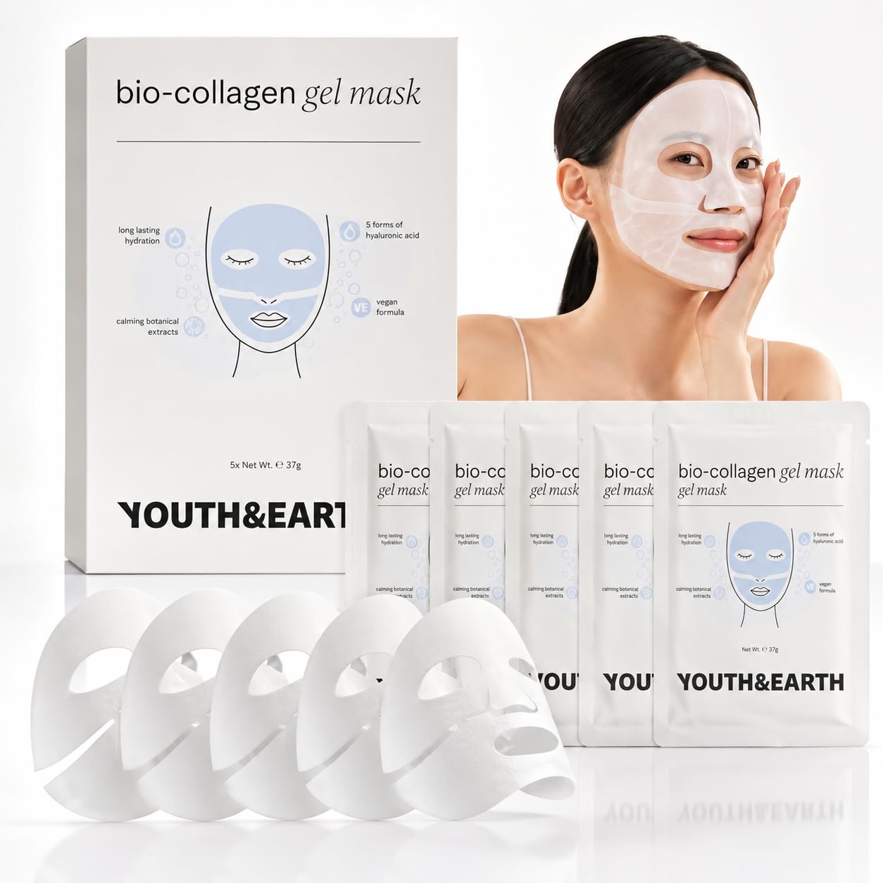 Youth and Earth Bio-Collageno Maschera Viso all'Acido Ialuronico - Confezione da 5 - Maschere Viso Anti-Età per Donna - Maschera Viso Idratante - Trattamento Viso