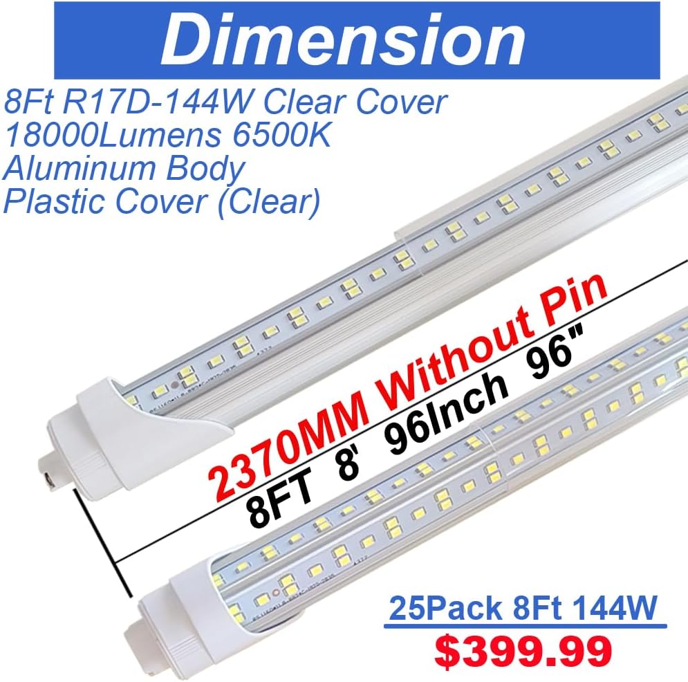 Led Fluorescent Tube Replacement 8Ft, T8 Led Bulbs 8 Foot R17d,8' Ballast Bypass Bulbs 2 Pin F96T12 144W 18000Lm 6500K Cold White,Double End T10 T12 HO Rotatable Base Lights Bulk Pack of 25