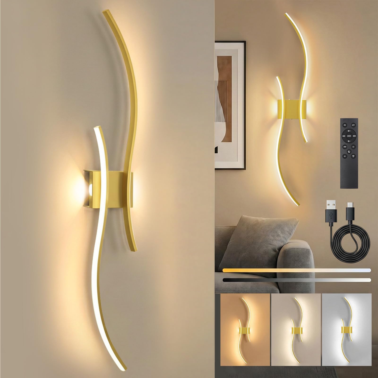 SERBASIC Battery Operated Wall Lights Indoor,100cm Rechargeable Wall Lights with Remote Touch Control,Stepless Colors 3000K-6000K,Wall Sconces for Living Room,Bedroom,Hallway — image 1