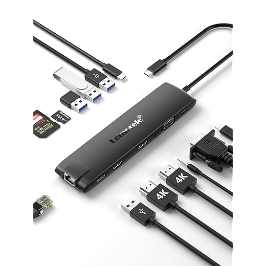 Lemorele 13 in 1 Laptop USB C Docking Station Dual Monitor Multiport Adapter HDMI Dock Triple Display with 2HDMI,VGA,2 10Gbps USB 3.1/2.0,USB C 3.1,PD,RJ45,SD/TF,3.5MM for HP,Surface,MacBook Laptops
