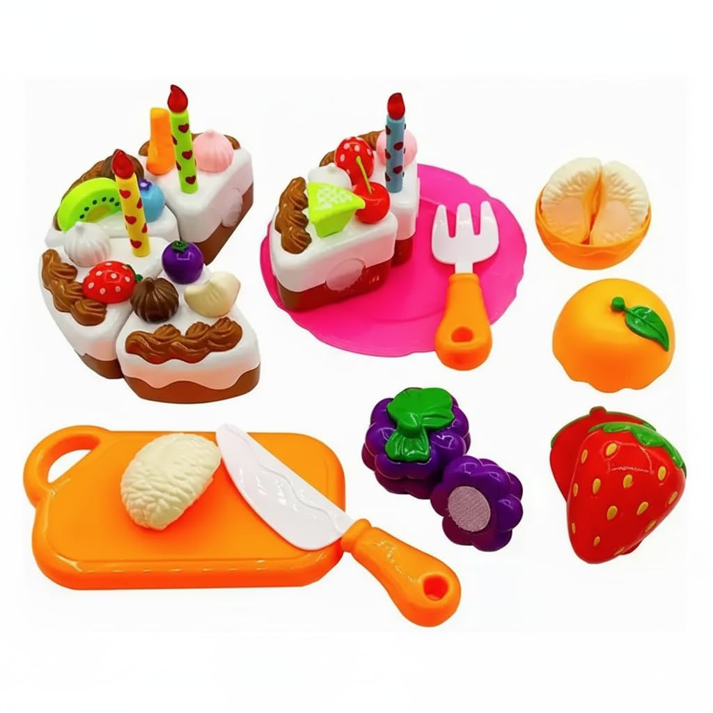DIY Chocolate Birthday Cake Cutting Toy Set for Kids, Pretend Play Kitchen Food Set with Sliceable Brown Cake & Fruit, Role Play Cooking Toys, Birthday Party Cake Model Gift for Boys Girls Toddler-image-7