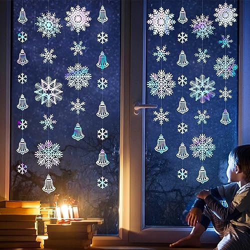 Image of 40 Ft Snowflakes Party Decorations Iridescent Snowflakes Bell Garland Holographic Big Snowflakes Hanging Streamer Backdrop for Winter Wonderland Christmas Holiday Birthday Home Window Wall Room Decor
