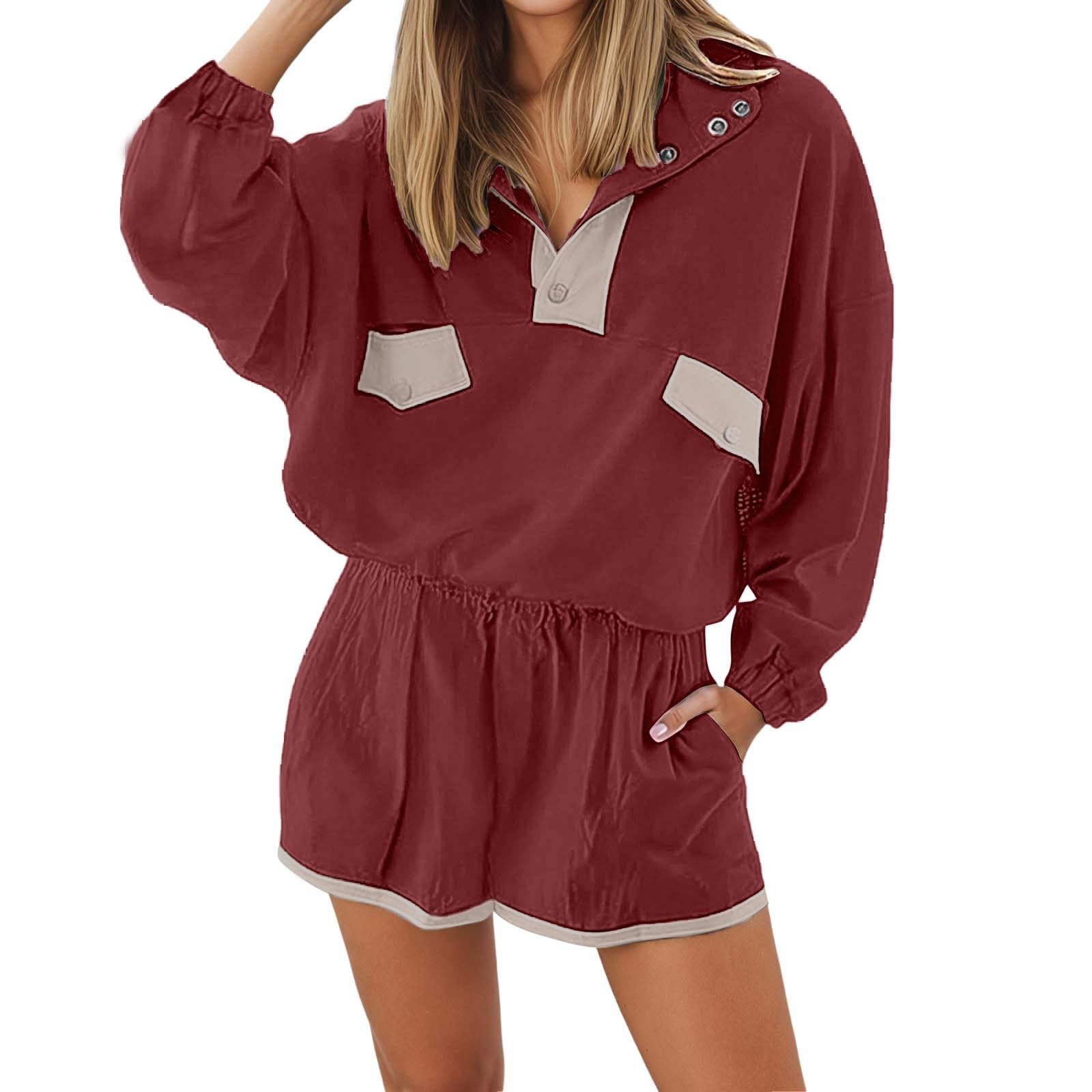 Generisch 2026 Ensemble de shorts d'entraînement pour femme, pull à manches longues avec demi-boutons, short taille élastique, ensemble décontracté 2 pièces avec poches