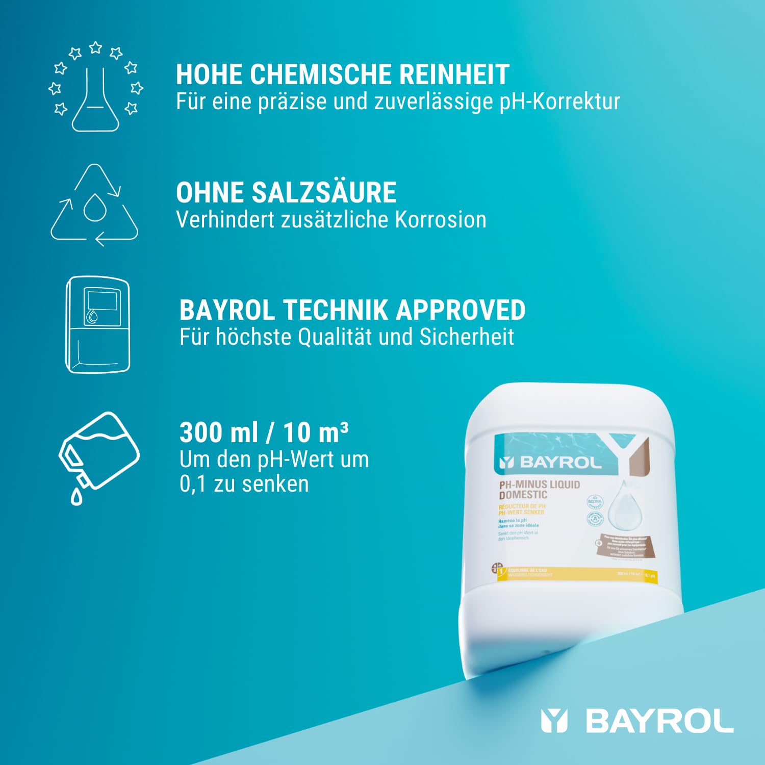BAYROL pH-Minus Liquid 20L Kanister - Pool pH Minus flüssig - Senkt pH-Wert - hohe Reinheit - für automatische Dosiersysteme