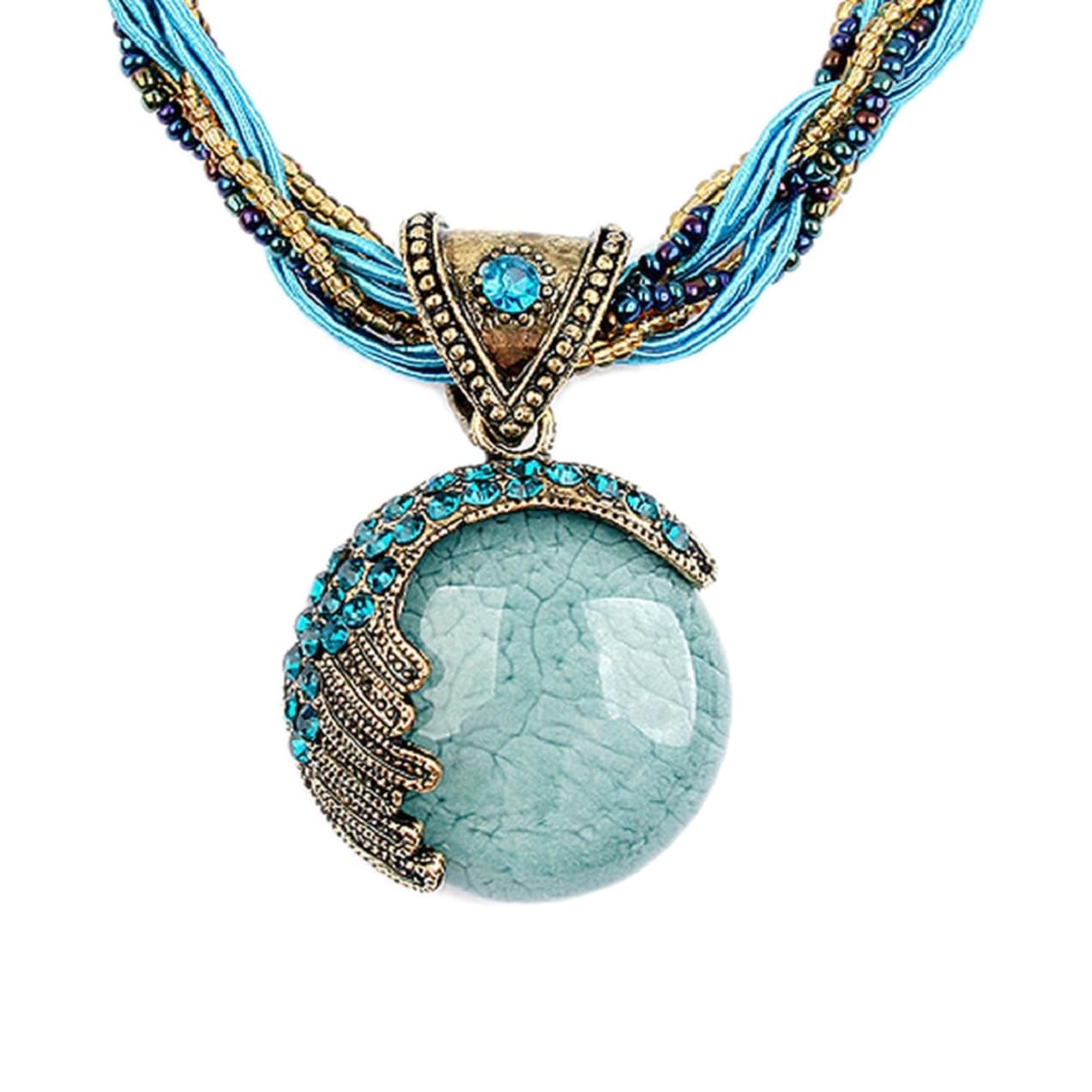 HarlorkiUnique Design Bohemian Vintage Retro Style Handmade Twist Beaded Rope Chain Turquoise Rhinestone Pendant Collar Necklace Costume Jewelry for Women Lady